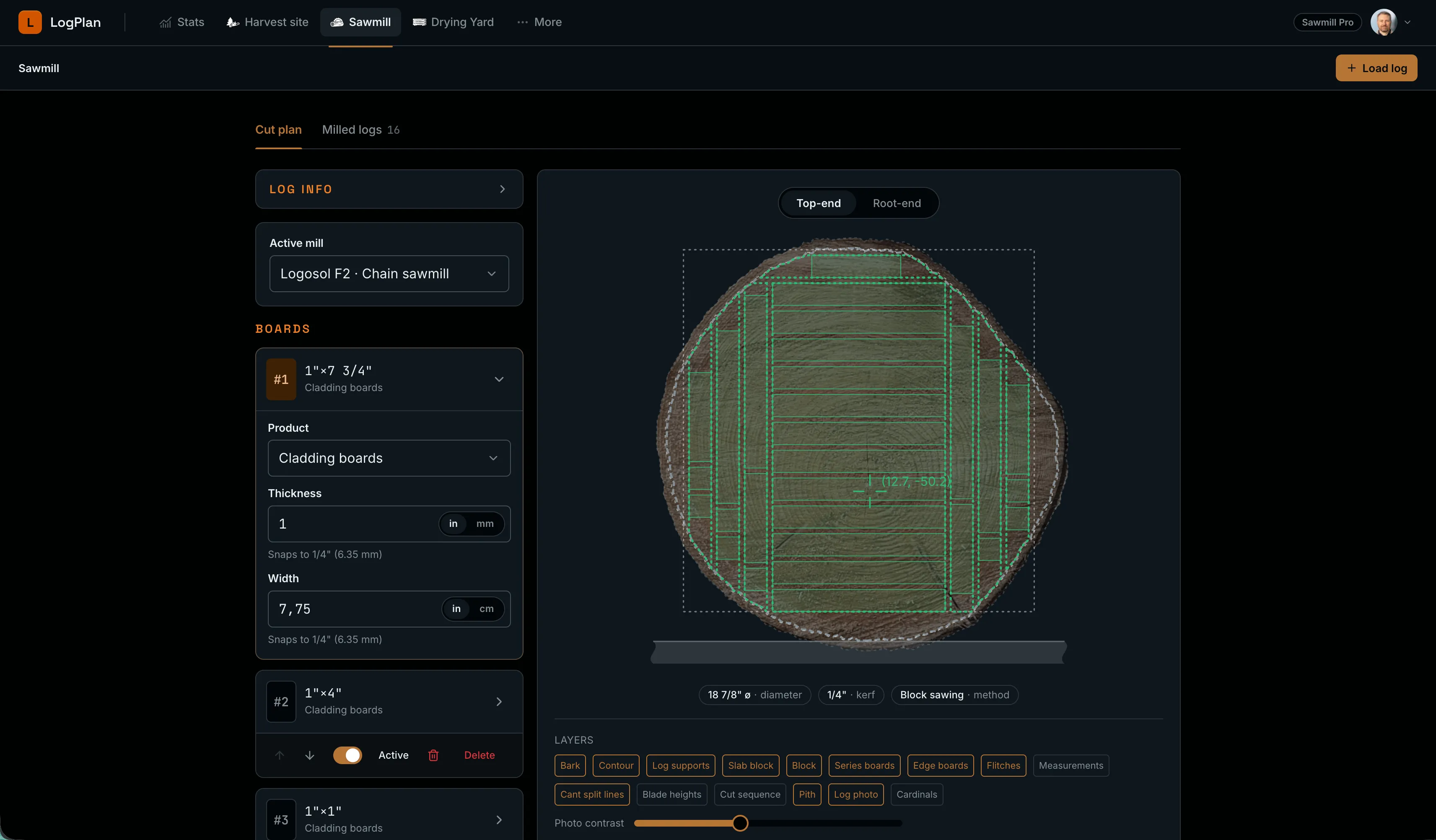 LogPlan web app — Sawmill cut plan