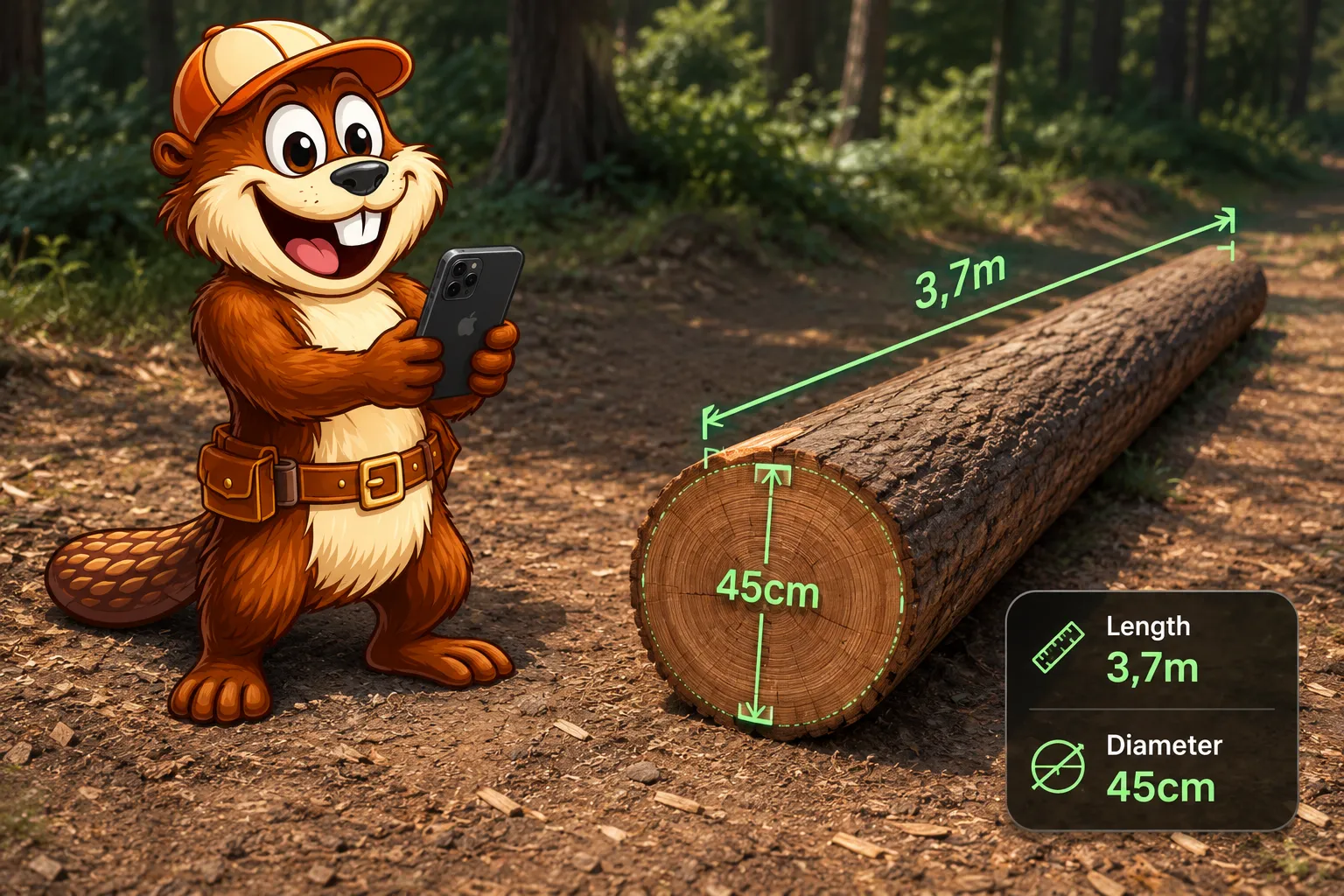 Measuring a freshly bucked log in the forest