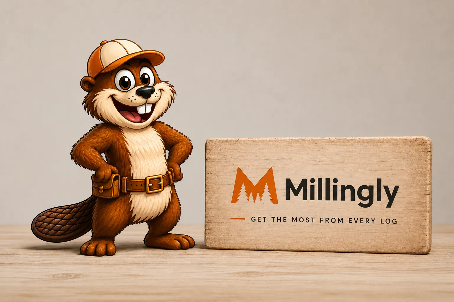 Woodie, the Millingly mascot, beside a wooden Millingly sign reading “Get the most from every log”