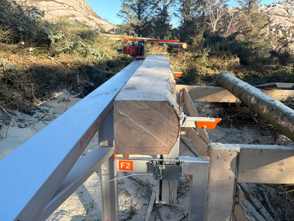 A squared cant on a Logosol chainsaw mill on a frosty morning, granite hills behind